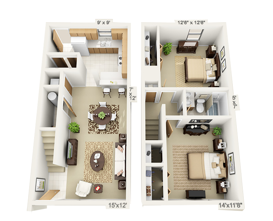Floor plan for 2 beds, 1 bath, 990 sqft
